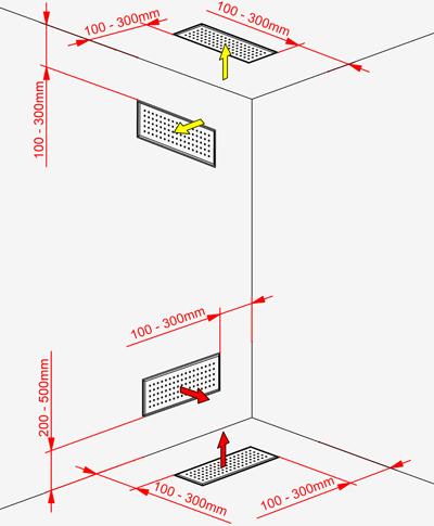 схема монтажа вентиляционной решетки 350 x 130 мм с анемостатом CLF